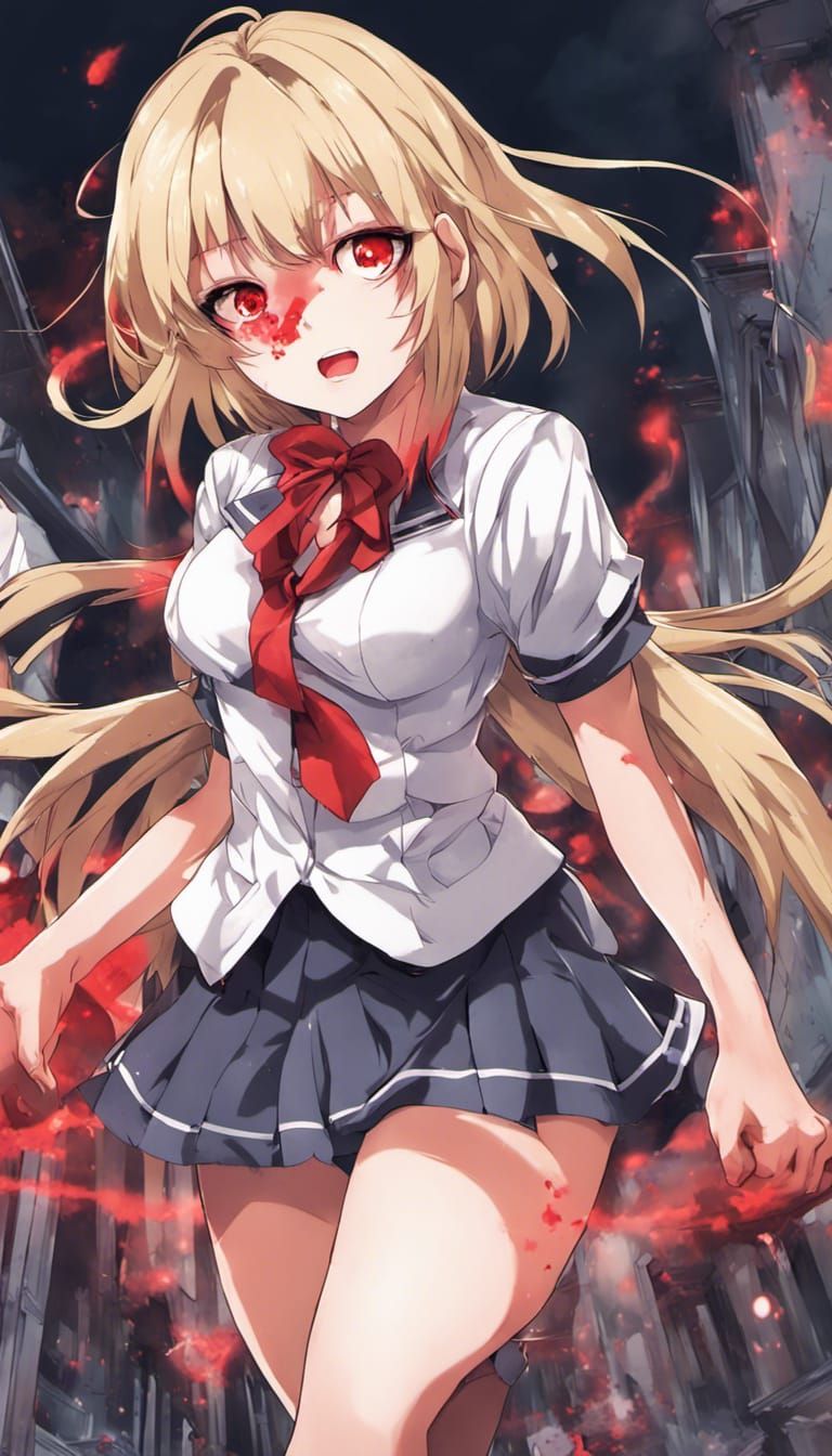 Anime Highschool Girl Fighting Ghosts in Manga Style