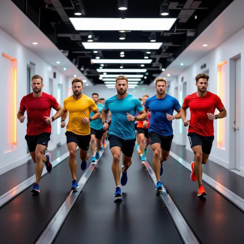 Men Running on Treadmill in Luxurious Hall