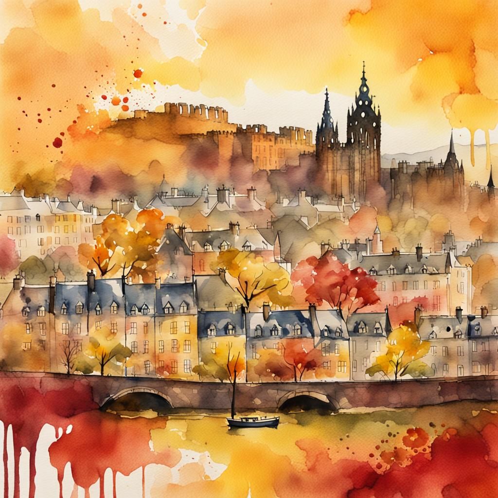 Edinburgh Scotland Autumn Watercolor Postcard