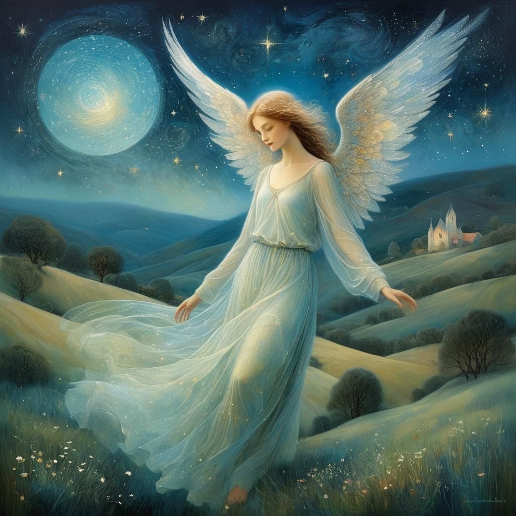 Ethereal Angel Blending with Dreamy Landscape as Oil Paintin...