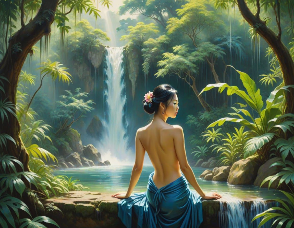 Serene Asian Noblewoman Basks in Tropical Paradise