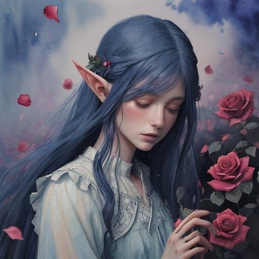 Young Elf Lost in Thought Amidst Swirling Rose Petals