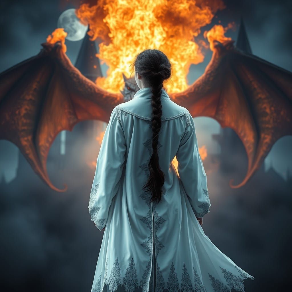 Enchanted Hogwarts Student Surrounded by Fiery Dragon