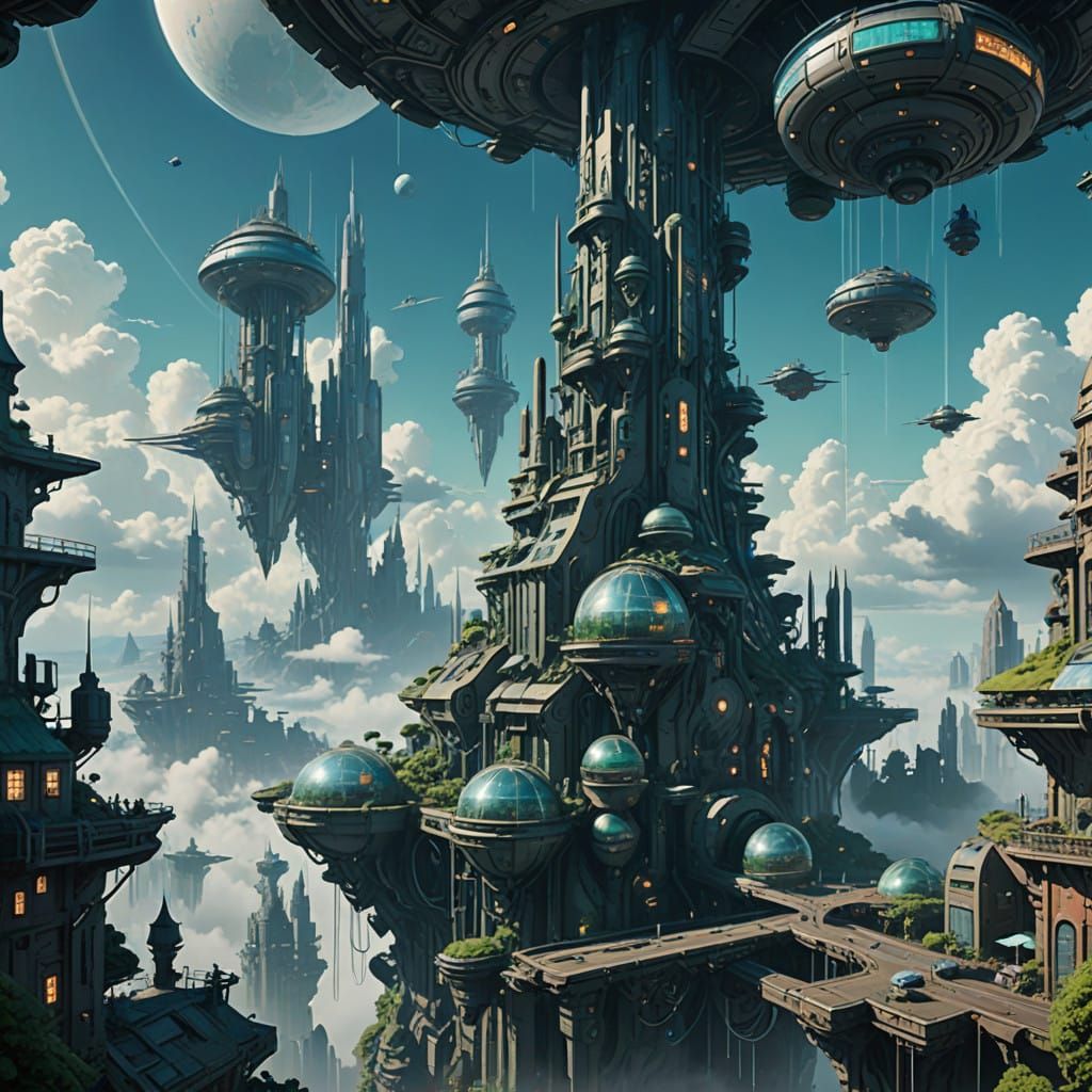 Ethereal Solarpunk Metropolis Amidst Clouds