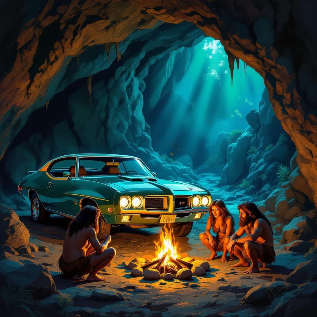1970 Pontiac GTO in Prehistoric Cave Digital Painting
