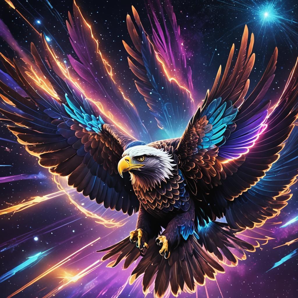 Eagle Soaring Through Space in Neon Digital Art
