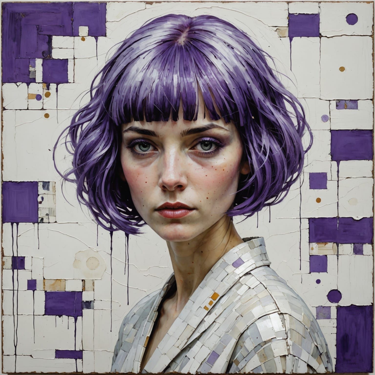 Encaustic Painting of Woman with Purple Hair
