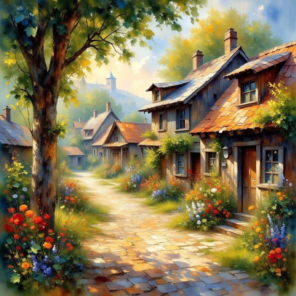 Charming Village Scene with Dappled Sunlight
