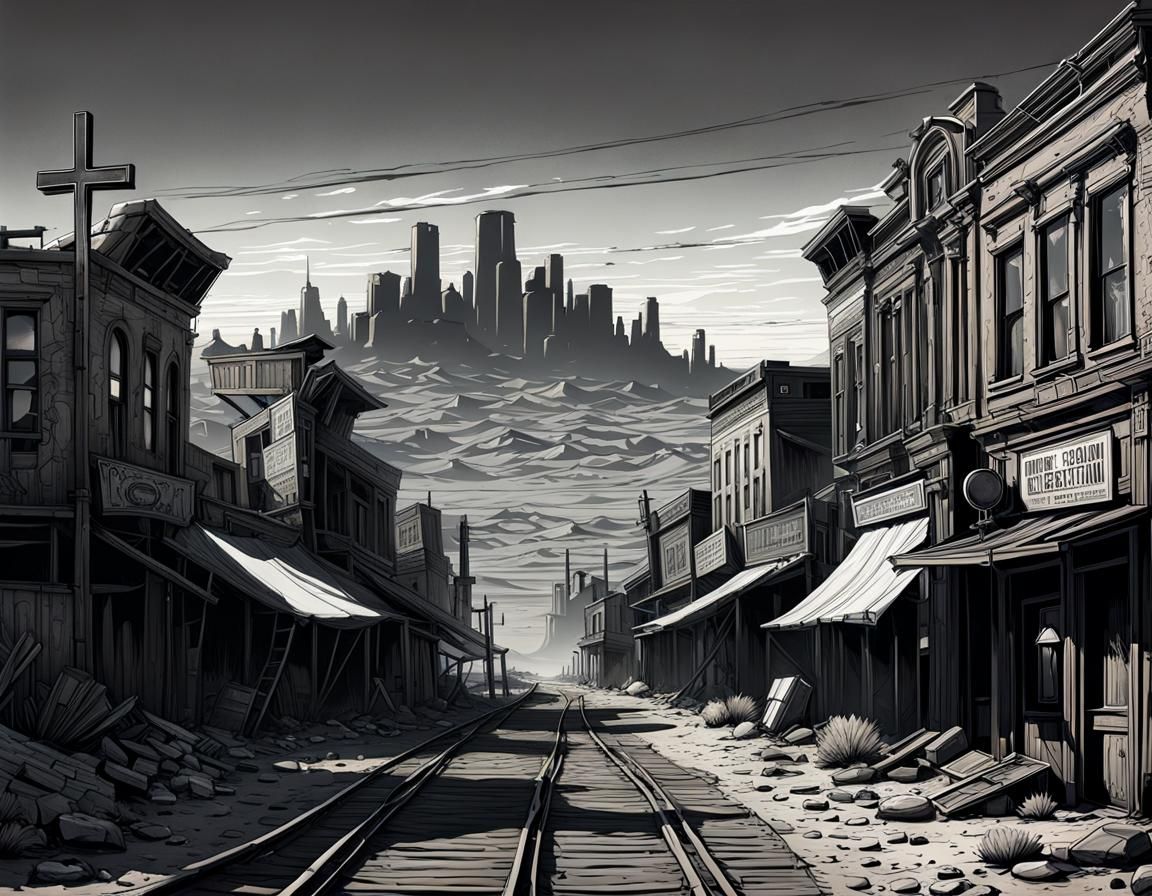 Cyberpunk Meets Old West: Detailed Line Art Cityscape
