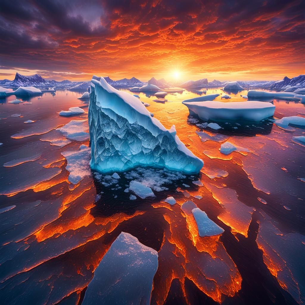 Arctic Ice Floe Melts in Fiery Sunset