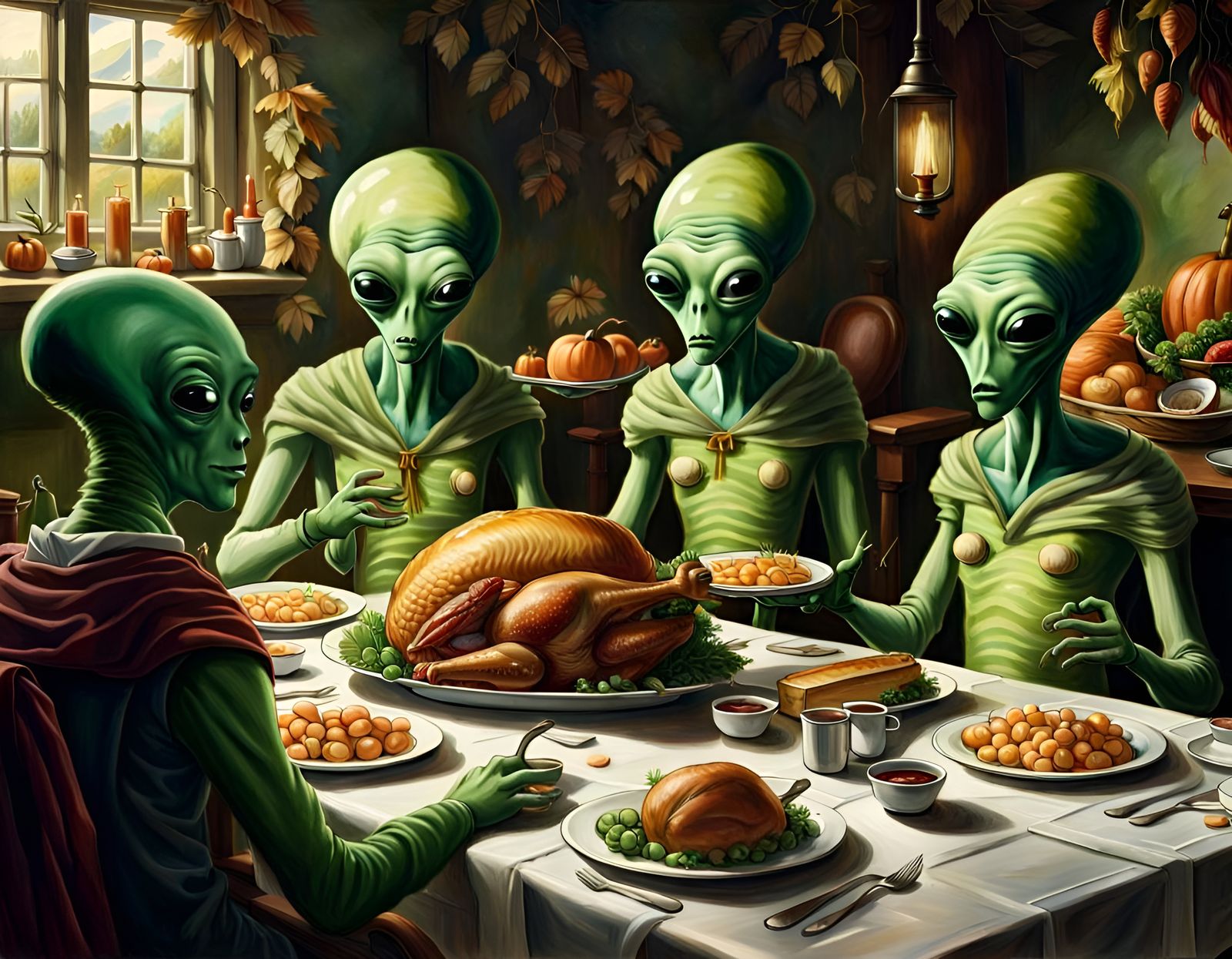 Aliens Celebrate Thanksgiving with Pilgrim Fathers