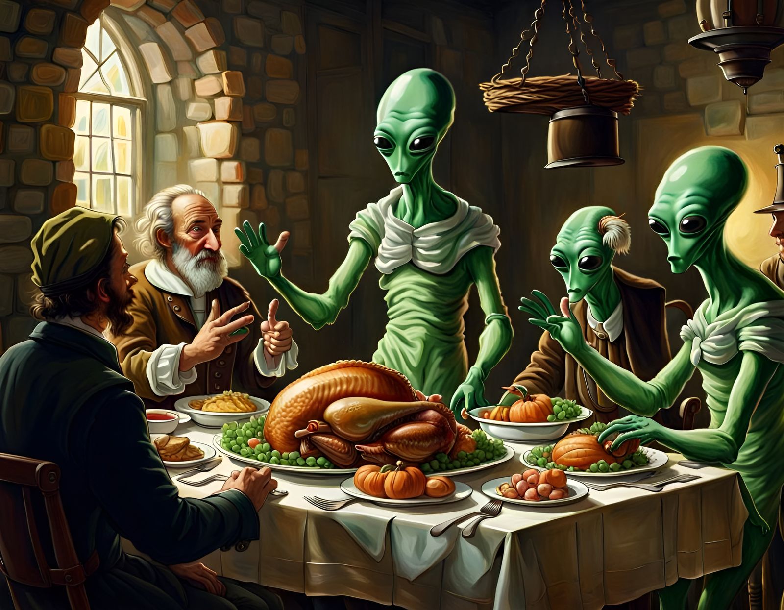 Aliens Offer Turkey at First Thanksgiving Dinner