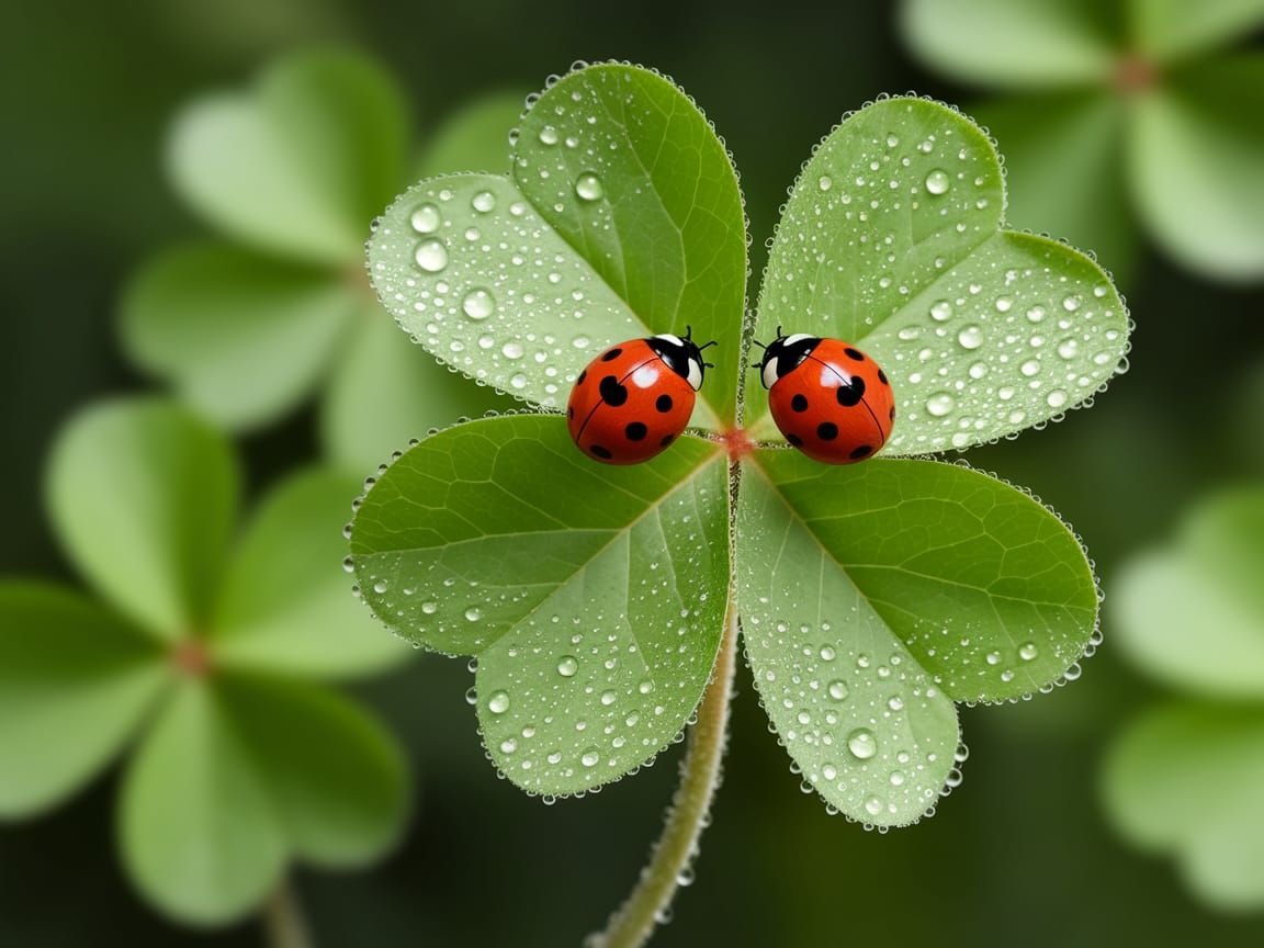 Ladybugs and Four-Leaf Clover Macro Photograph