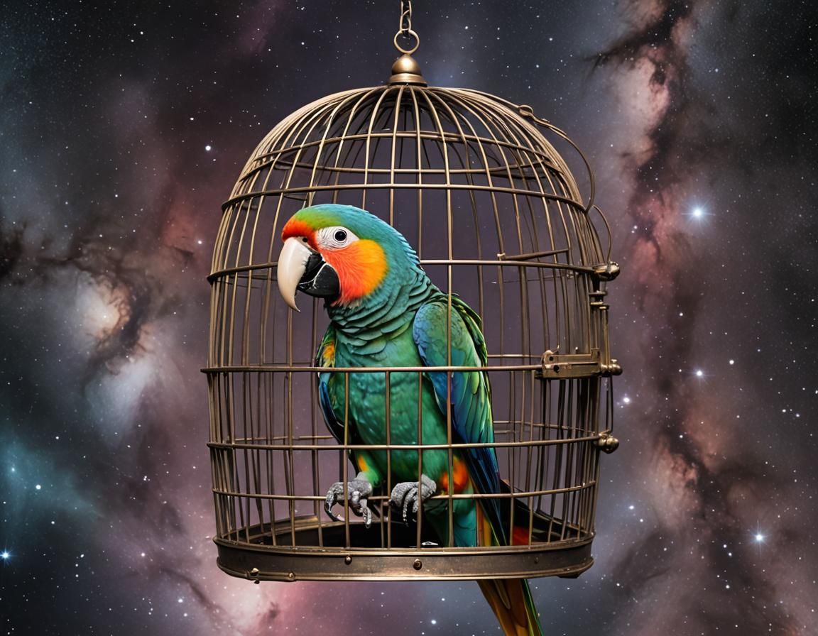 Parrot in Cage Adrift in Space