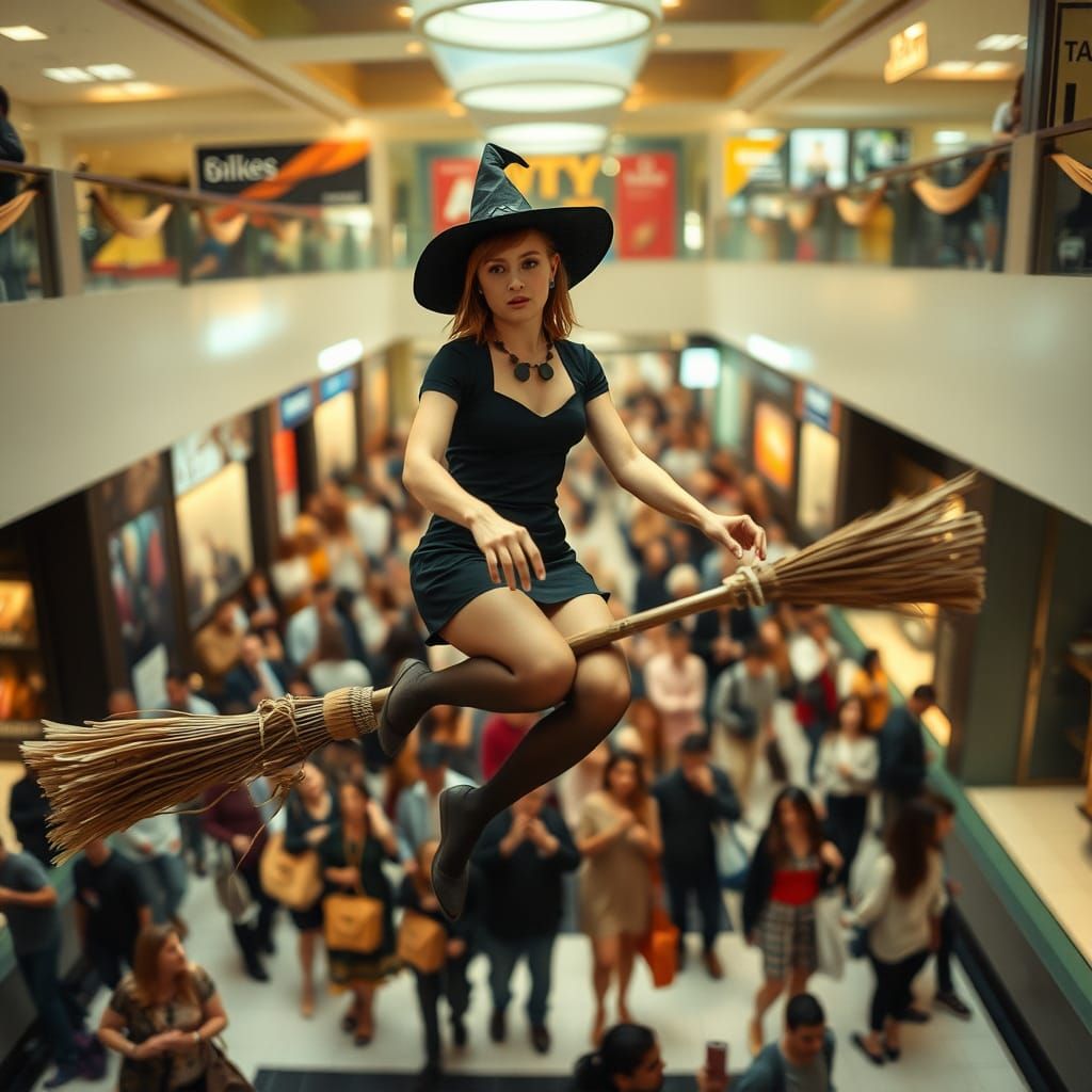 Man in Witch Costume Flies Over Mall
