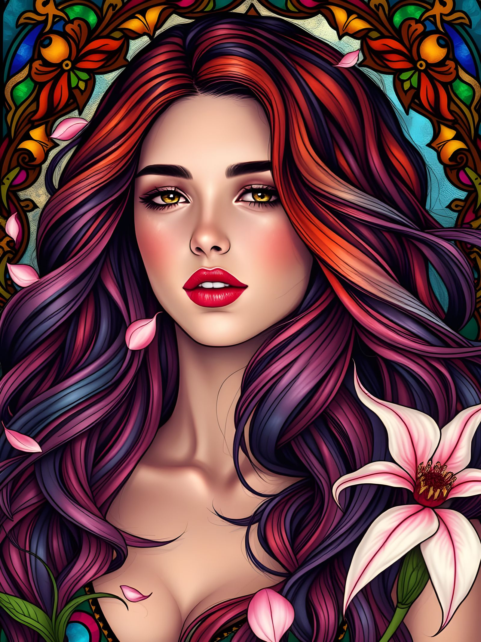Surreal Goddess with Divided Hair, Floating Petals, and Intr...