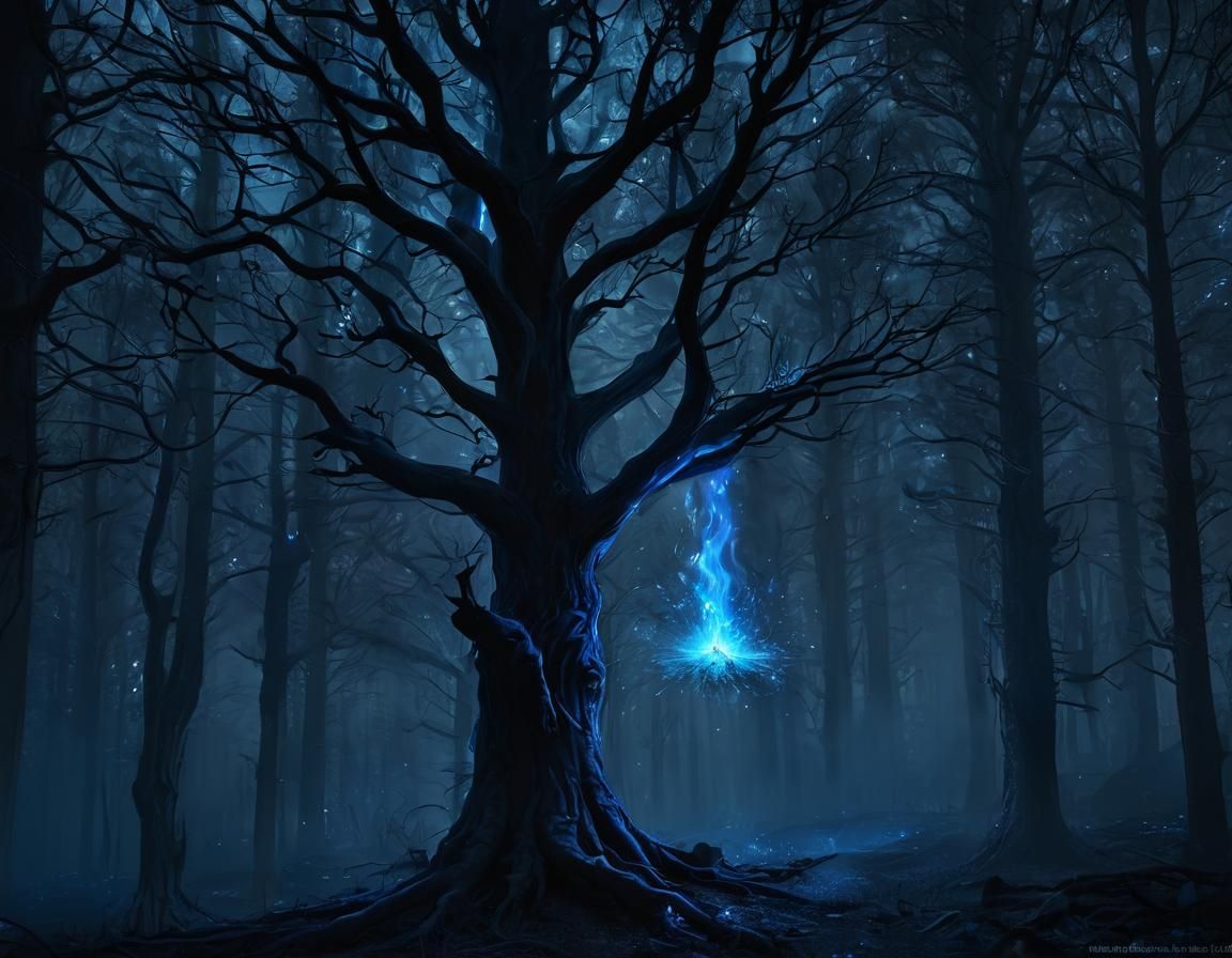 Magician Gazing at Sparks in Dark Forest