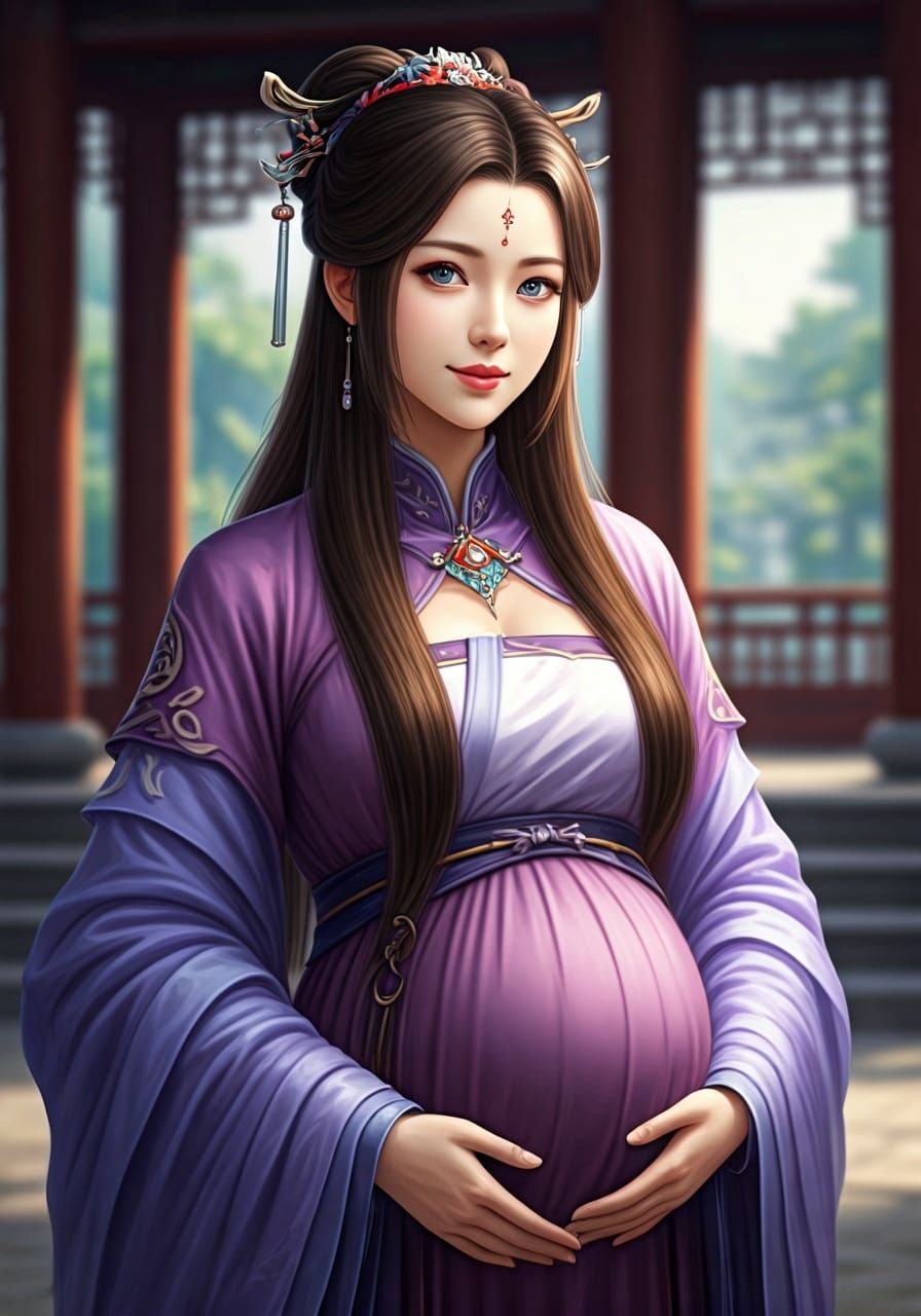 Pregnant Woman in Ancient Chinese Dress: 3D Anime Art
