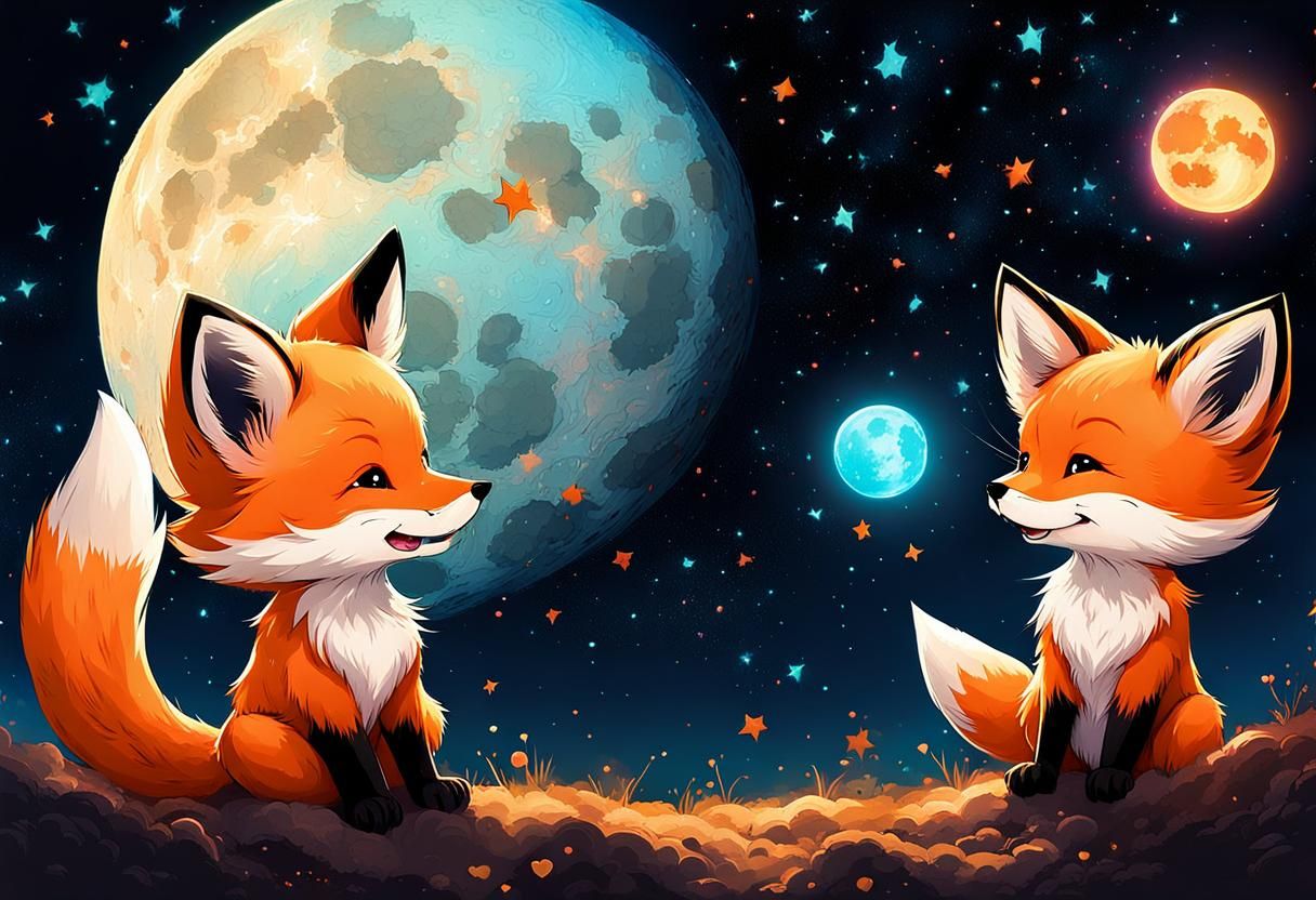 Chibi Foxes Playing Baseball on the Moon