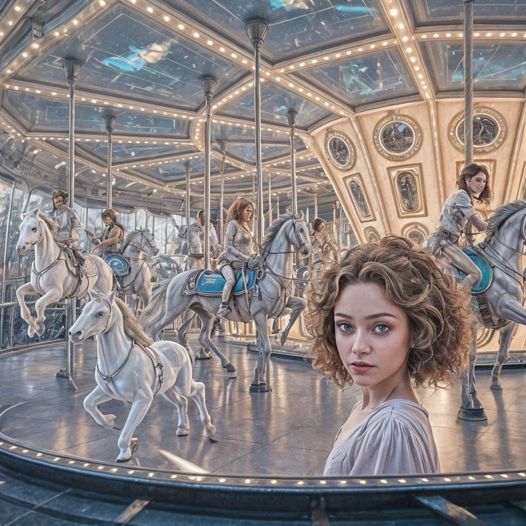 Futuristic Carousel with Glowing Animals and Girl