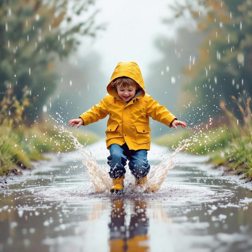 Joyful Boy in Yellow Raincoat Jumps in Puddle