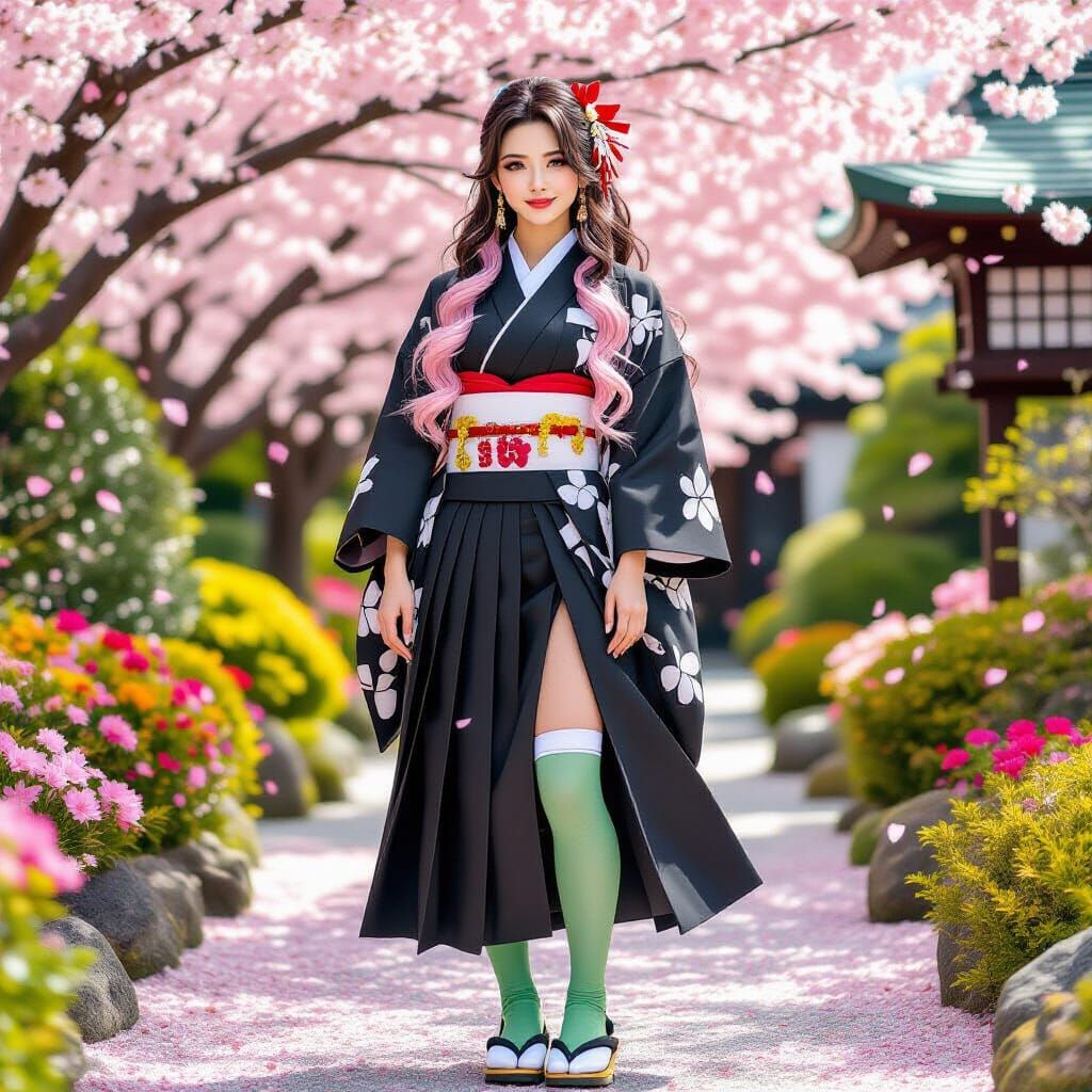 Elegant Woman in Japanese Garden: Hyper-Realistic Photo
