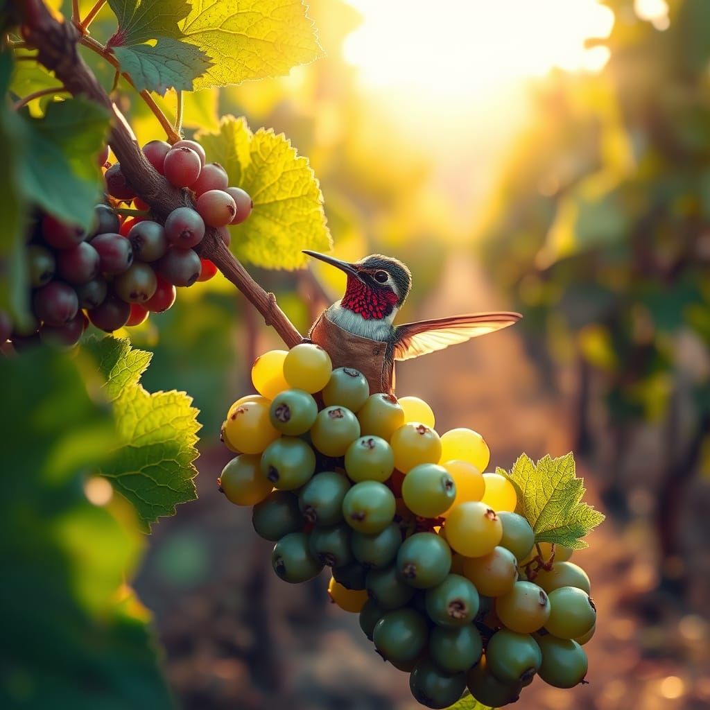 A Hummingbird in Apron Plucks Grapes at a Sun-Kissed Vineyar...