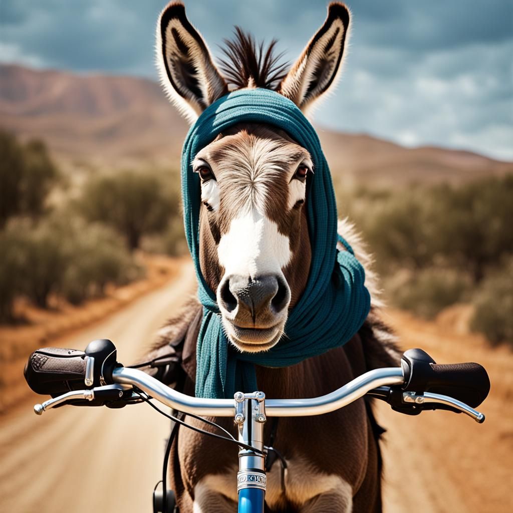 Donkey on Bicycle in Cyberpunk Helmet: Hyperrealistic Portra...