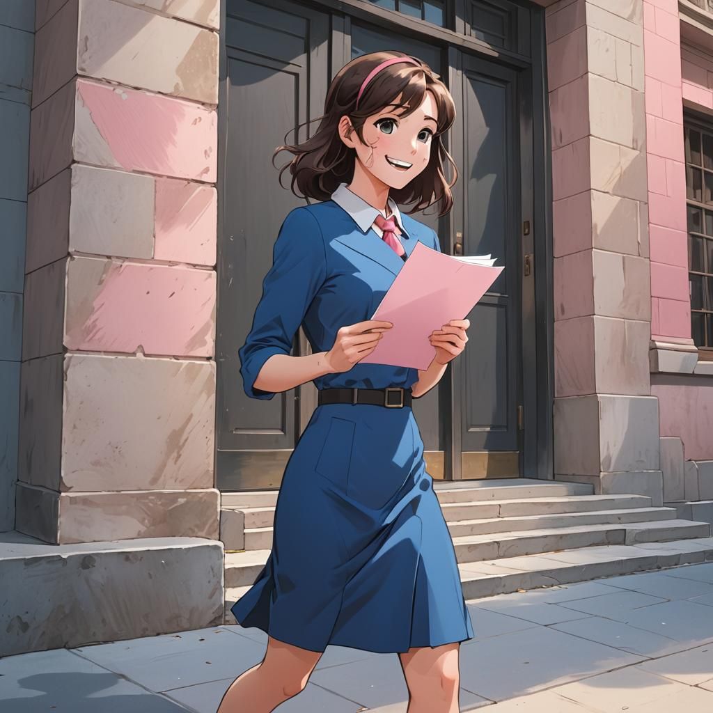 Brunette Woman Exiting Building with Pink Paper