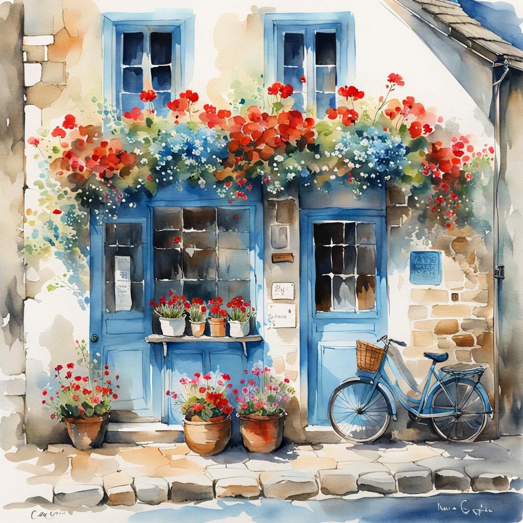 Charming Blue Crêperie in Roscoff: Watercolor Painting