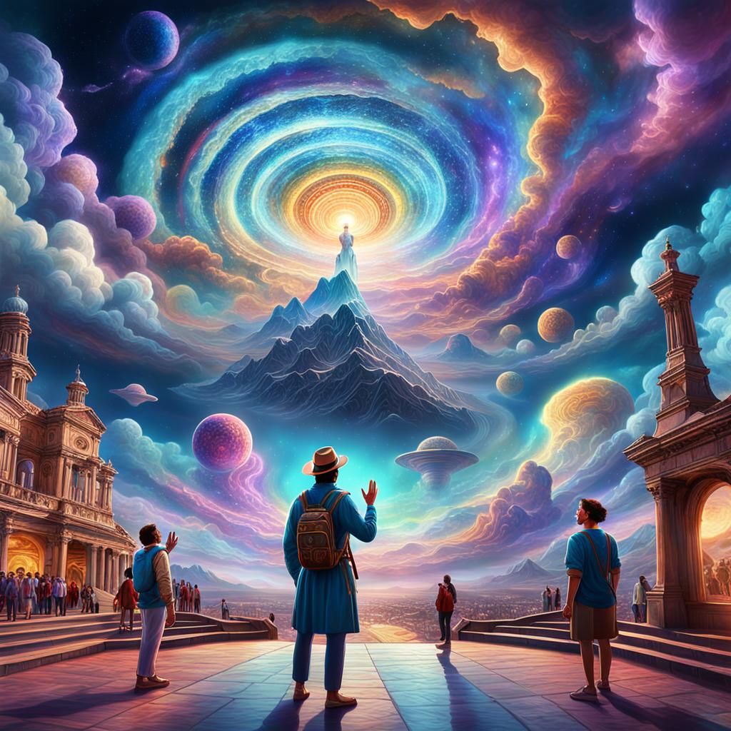 A scene featuring a "Time Traveler’s Tour Guide," showing tourists around historical events in real-time, 8k resolution ...