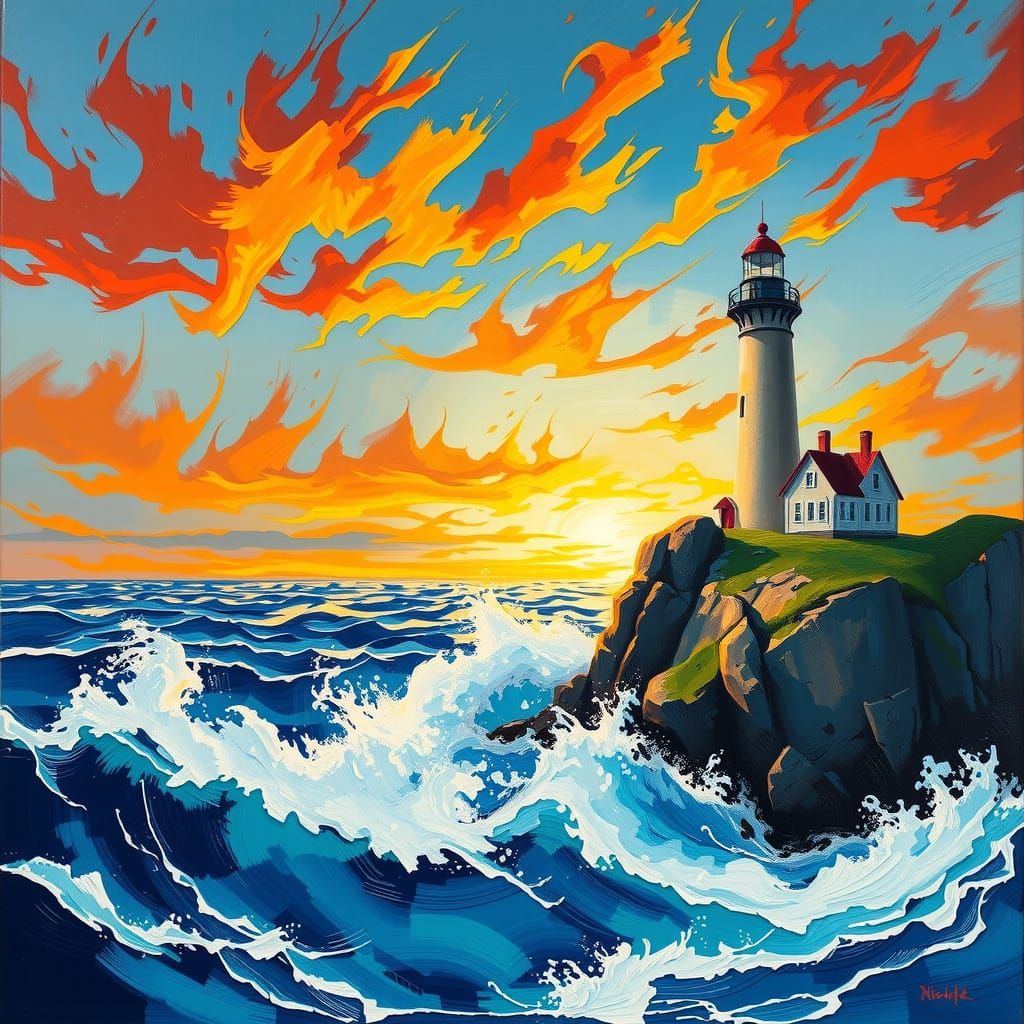 Luminous Seascape: Lighthouse in Impressionistic Oil Paintin...