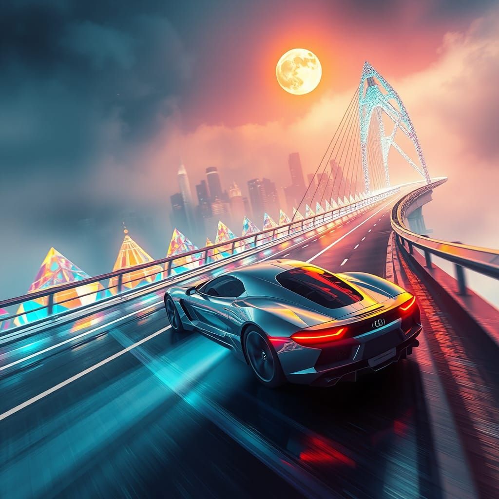 Sports Car on Diamond Bridge in Futuristic Style
