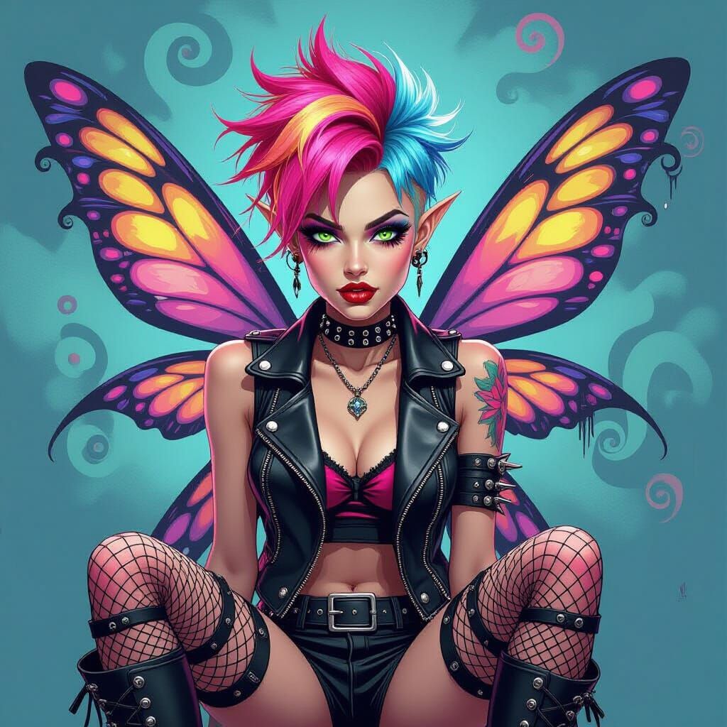 Punk Fairy Portrait with Neon Hair and Abstract Patterns