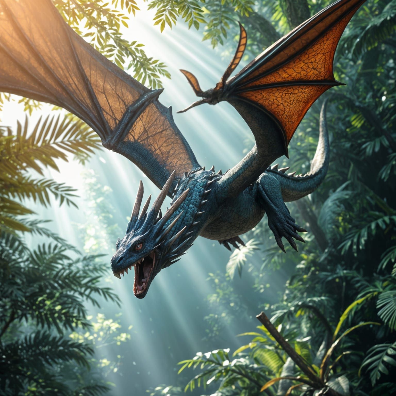 Majestic Blue and Brown Dragon in Tropical Rainforest