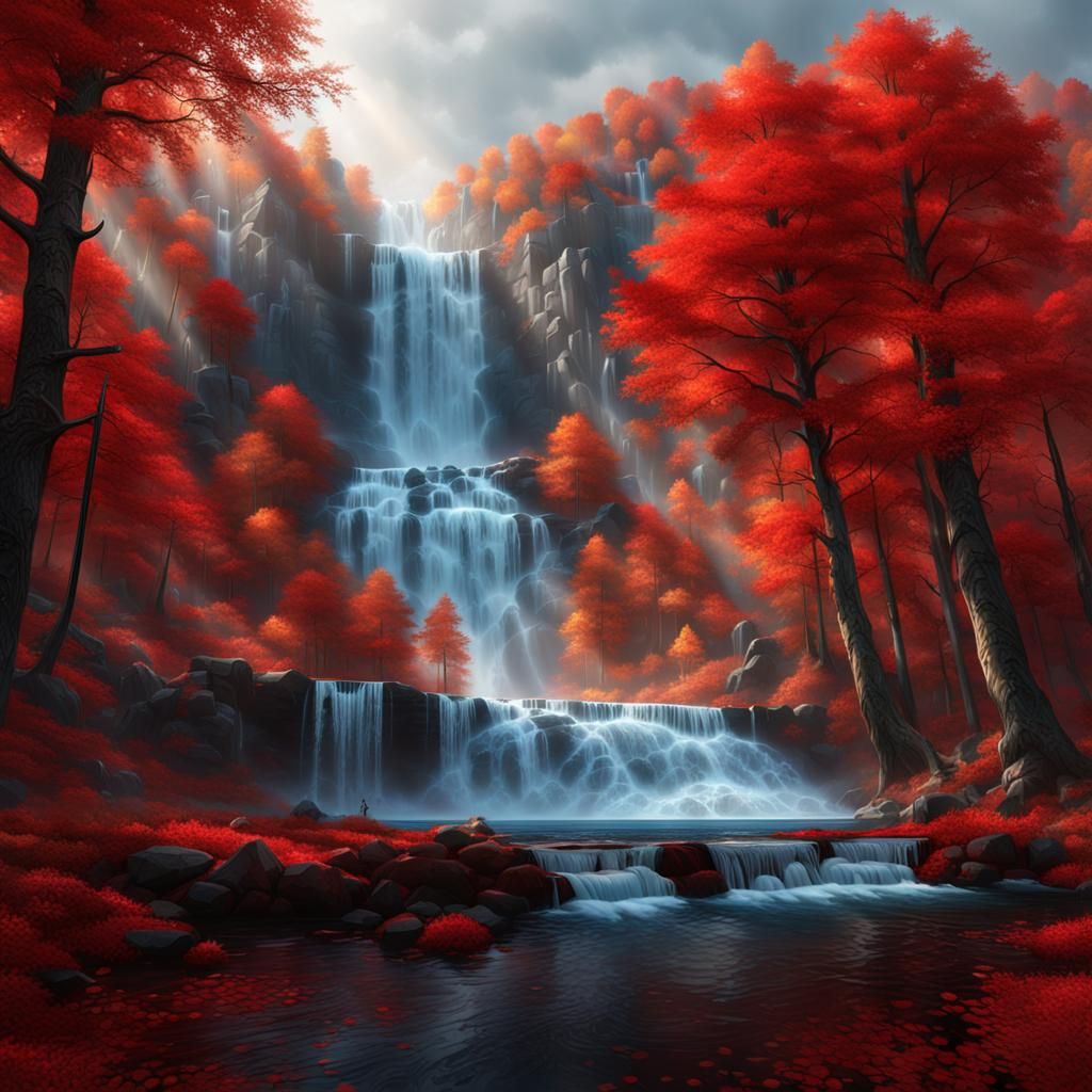 Epic Autumn Waterfall in Dark Fantasy Style