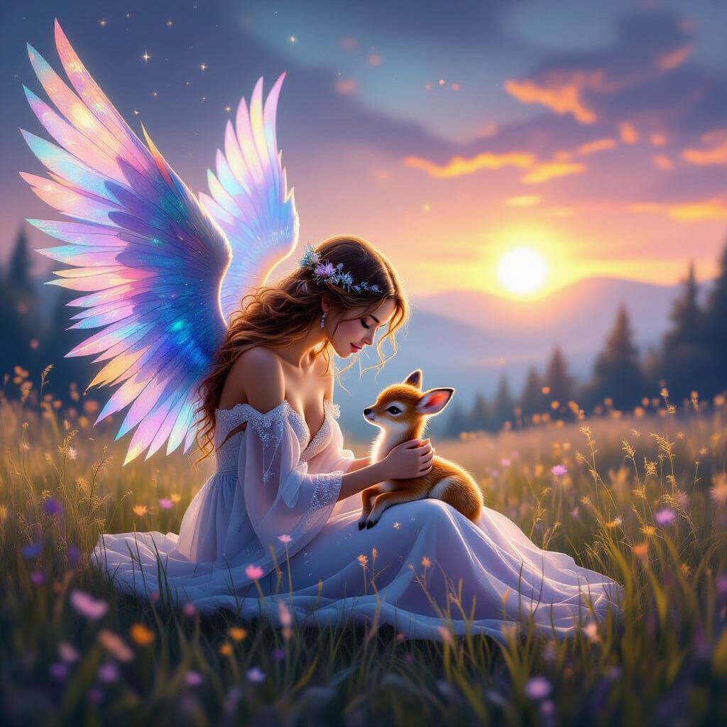 Celestial Being with Stardust Wings Cradles Glowing Fawn in ...