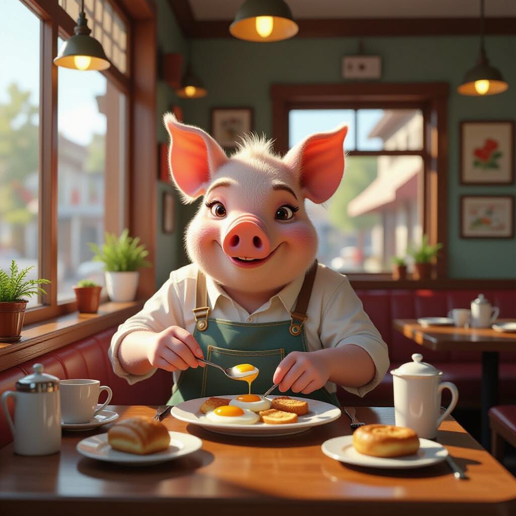 Anthropomorphic Pig Chef Prepares Breakfast in Restaurant