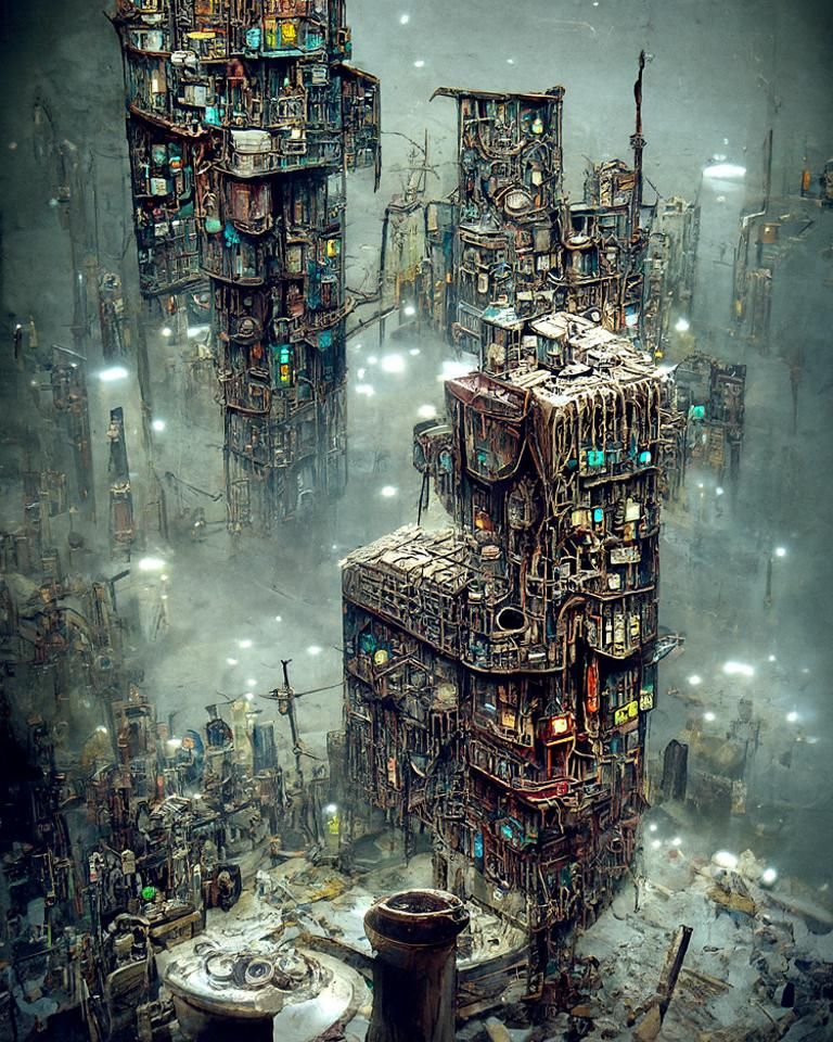 Dystopian Cyberpunk Cityscape with Decaying Buildings