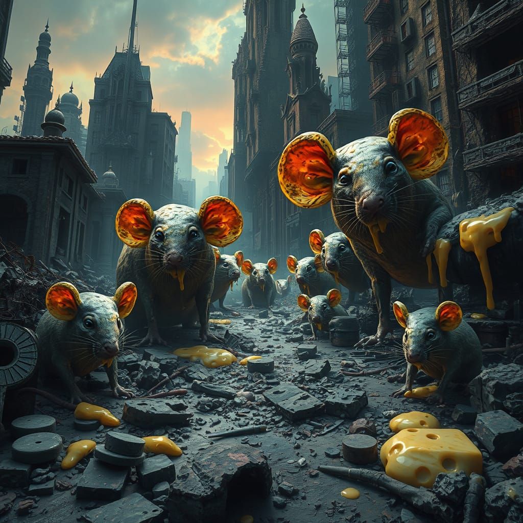 Cheese Rats Devour Ruined Cityscape: Apocalyptic Concept Art