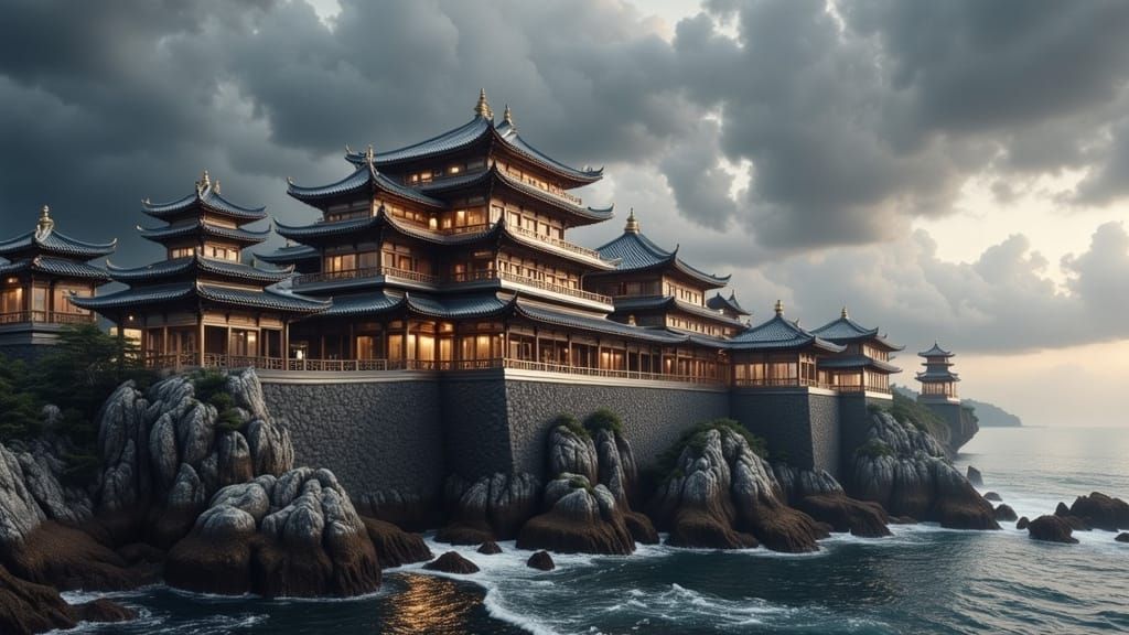 Chinese Temple on Rocky Shore Under Stormy Skies