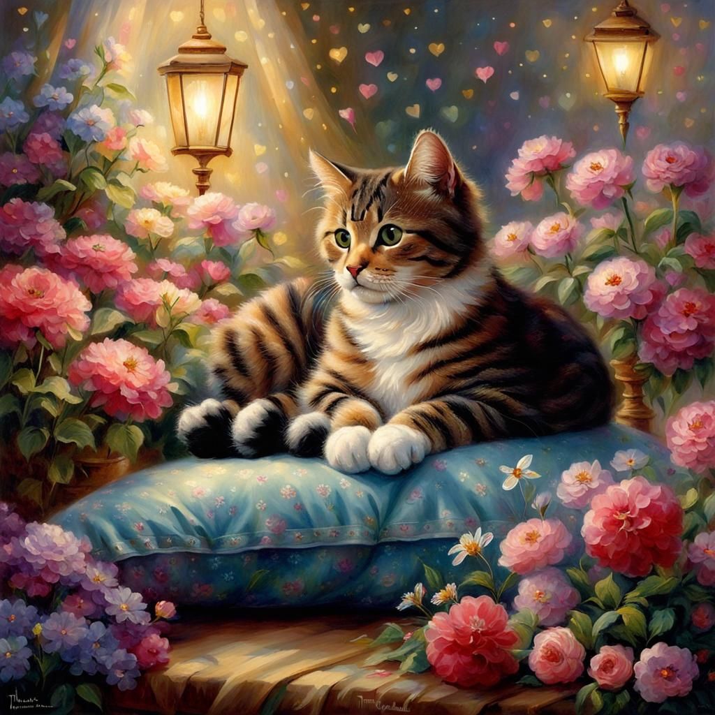Cute Cat Surrounded by Flowers in Luminous Style