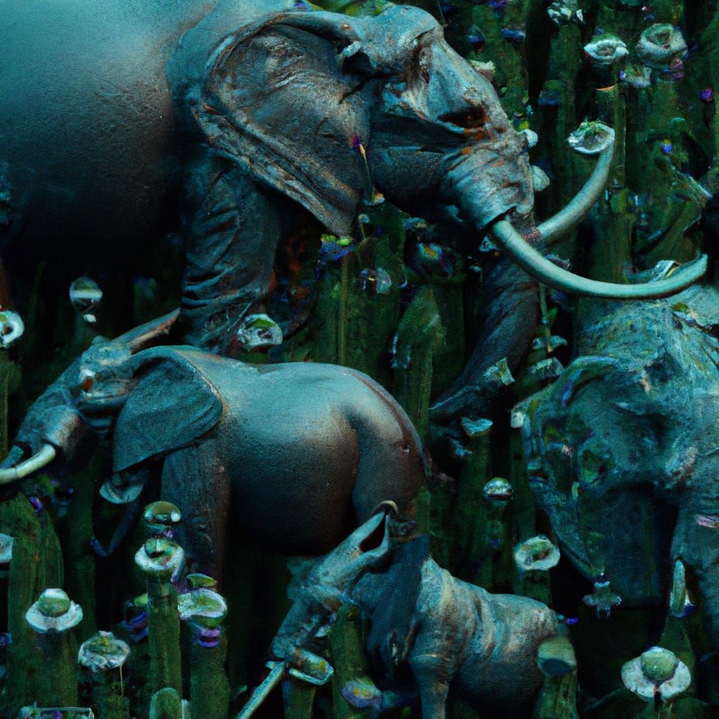 Elephants and Donkeys Living Peacefully in Sci-Fi Meadow