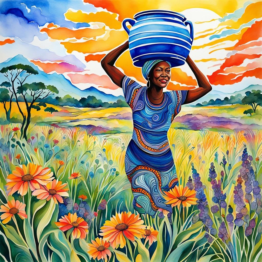 Woman in Jungle: Vibrant Watercolor African Art