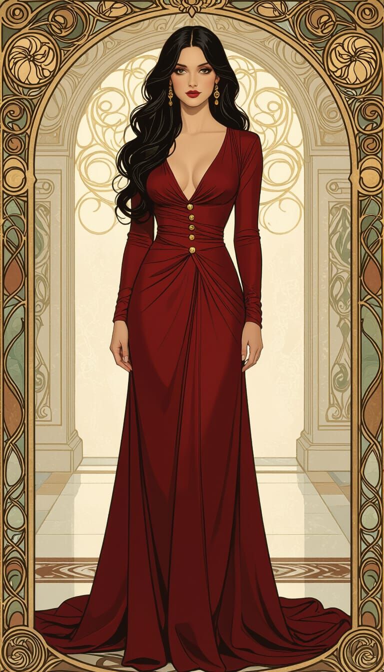 Confident Woman in Ornate Hallway, Art Nouveau Style