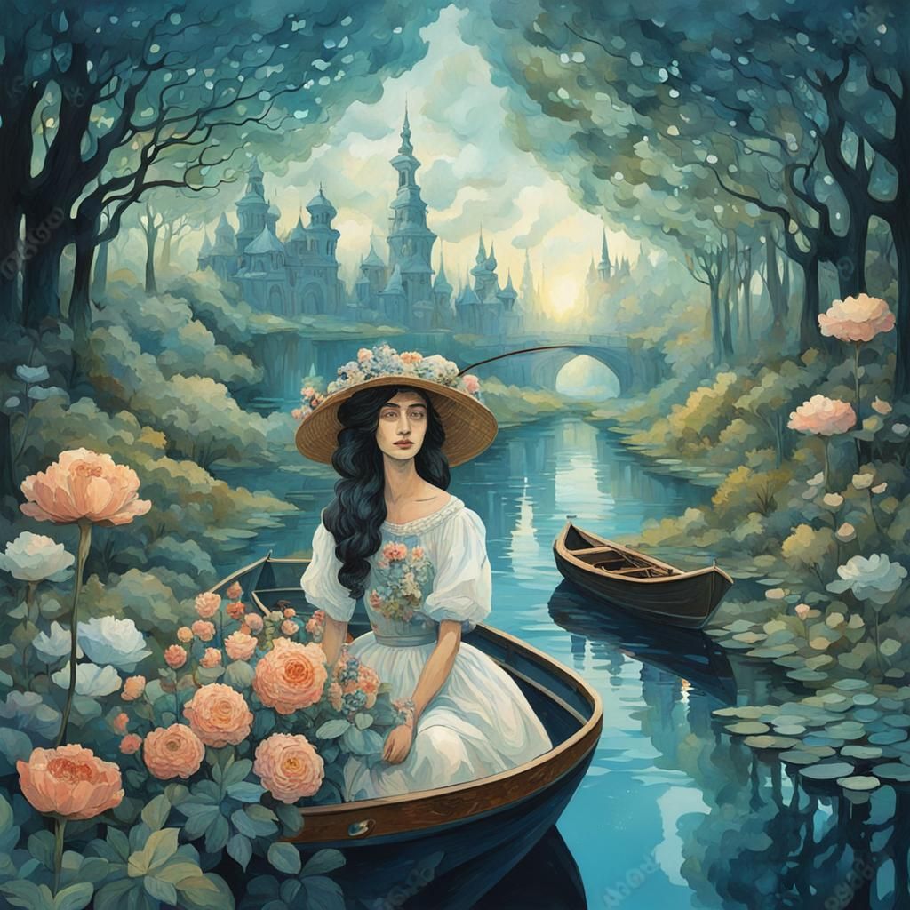 Woman with Flower Head Sails Fantasy Forest