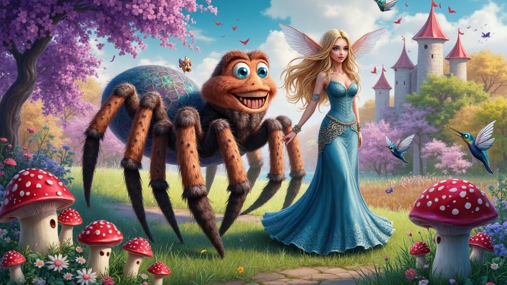Elegant Elven Woman Strolls with Majestic Spider in Vibrant ...