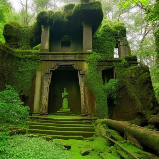 Enchanted Forest: Abandoned Temple and Crumbling Statue