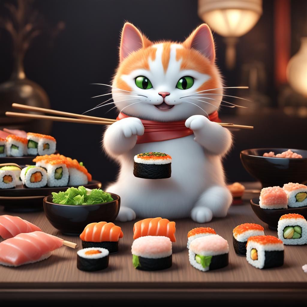 Cute Sushi Cat Eating Sushi: Detailed Matte Painting