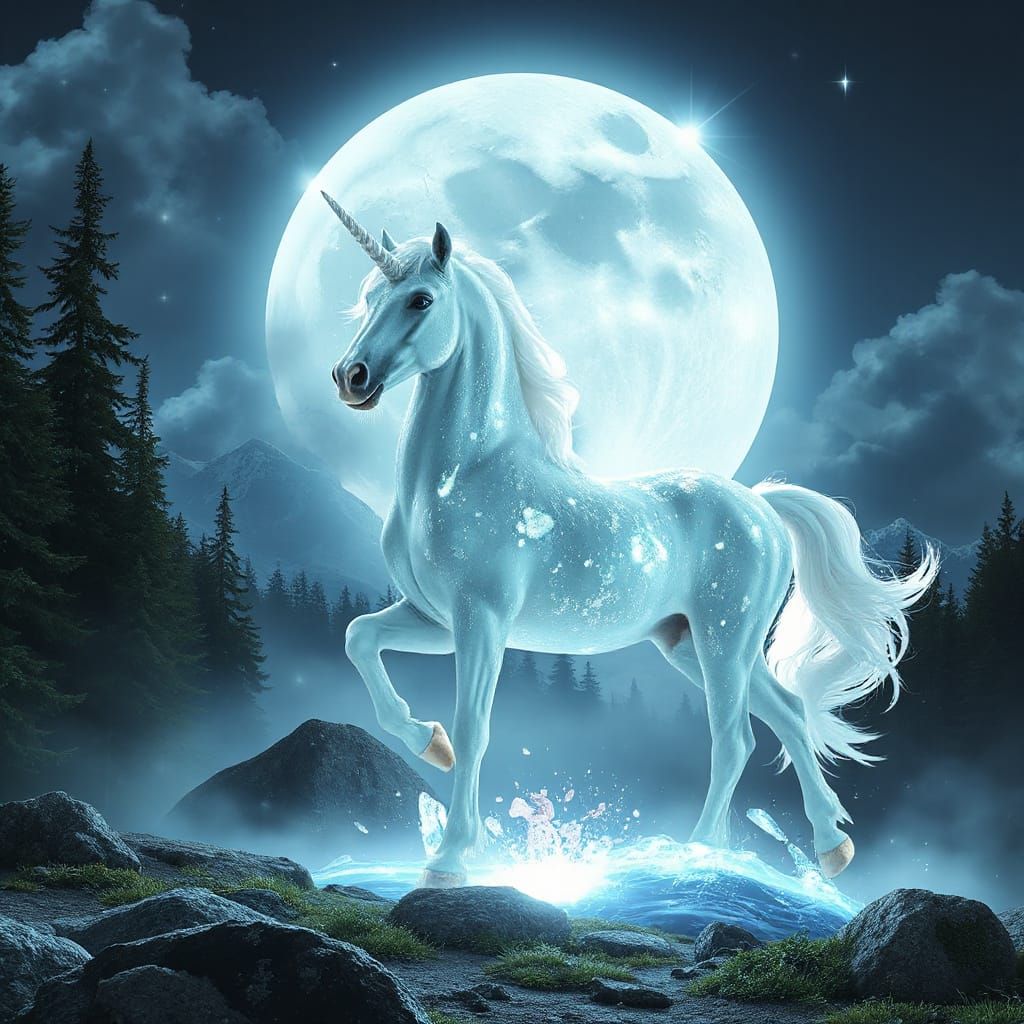 Mythical Unicorn Unfolds from Glowing Moonlight